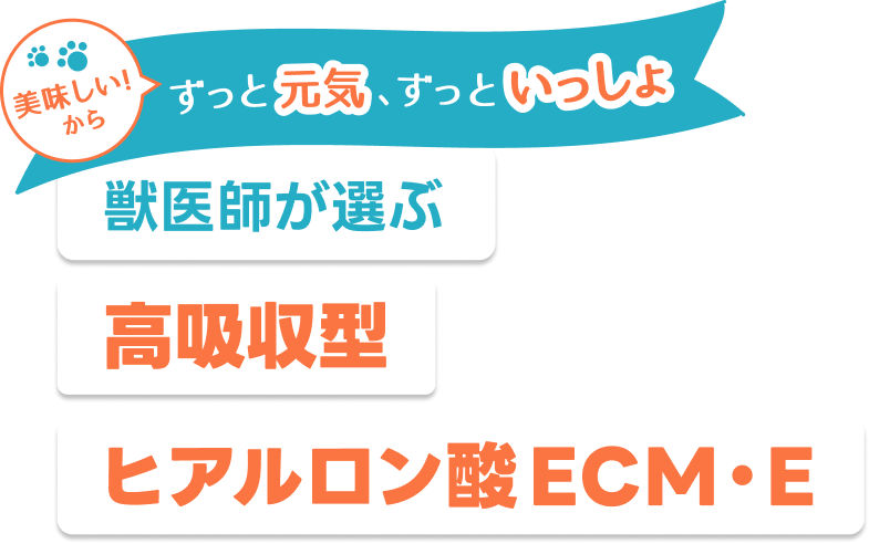 美味しい！から ずっと元気、ずっといっしょ。獣医師が選ぶ 高吸収型 ヒアルロン酸ECM・E